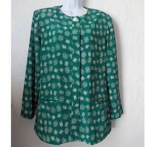 VTG 80s Leslie Fay Women 10 P Green Blouse Top Button Up Tunic Mid Length Pocket